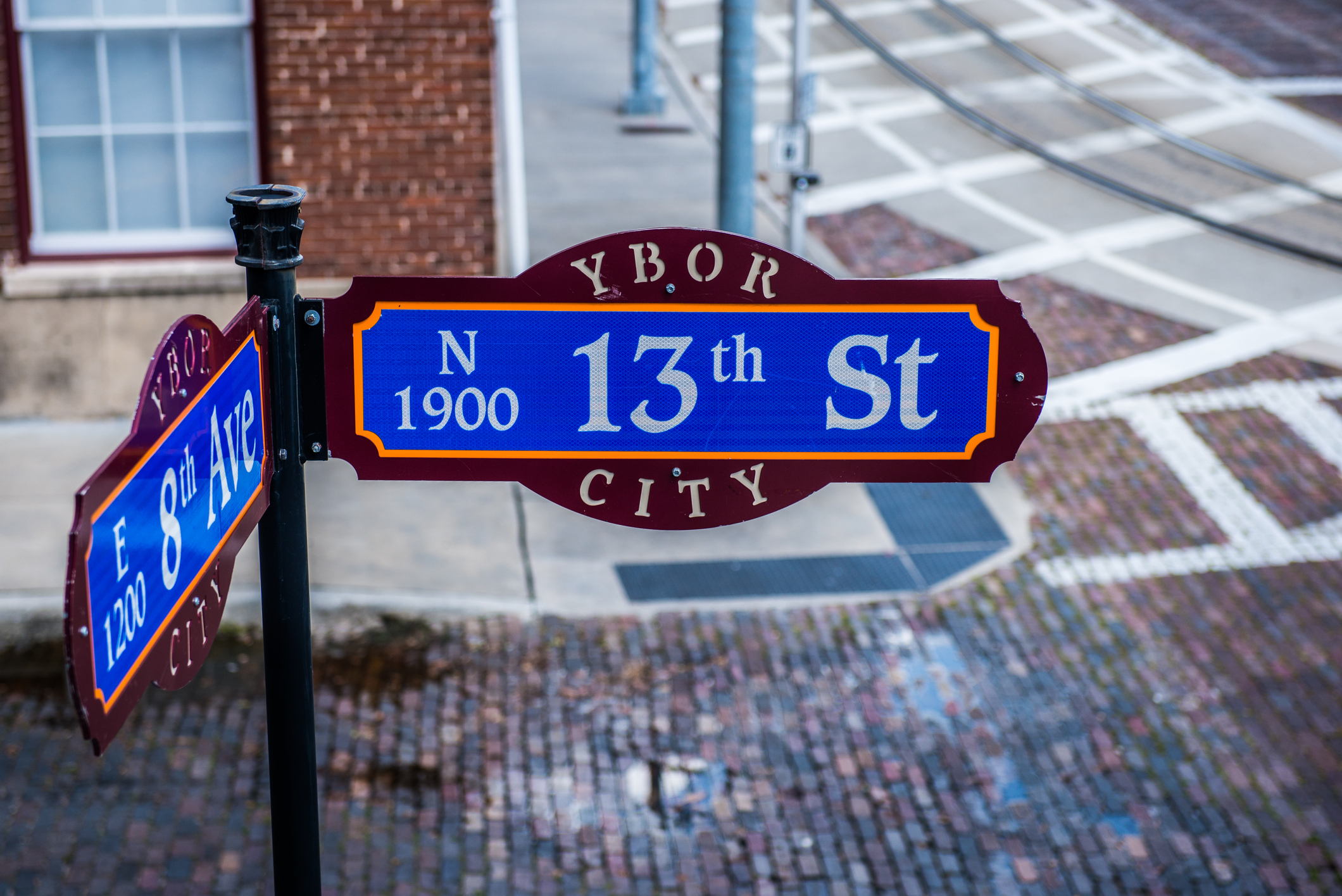 Photo of a street sign in the Ybor City historic district in Tampa Florida.