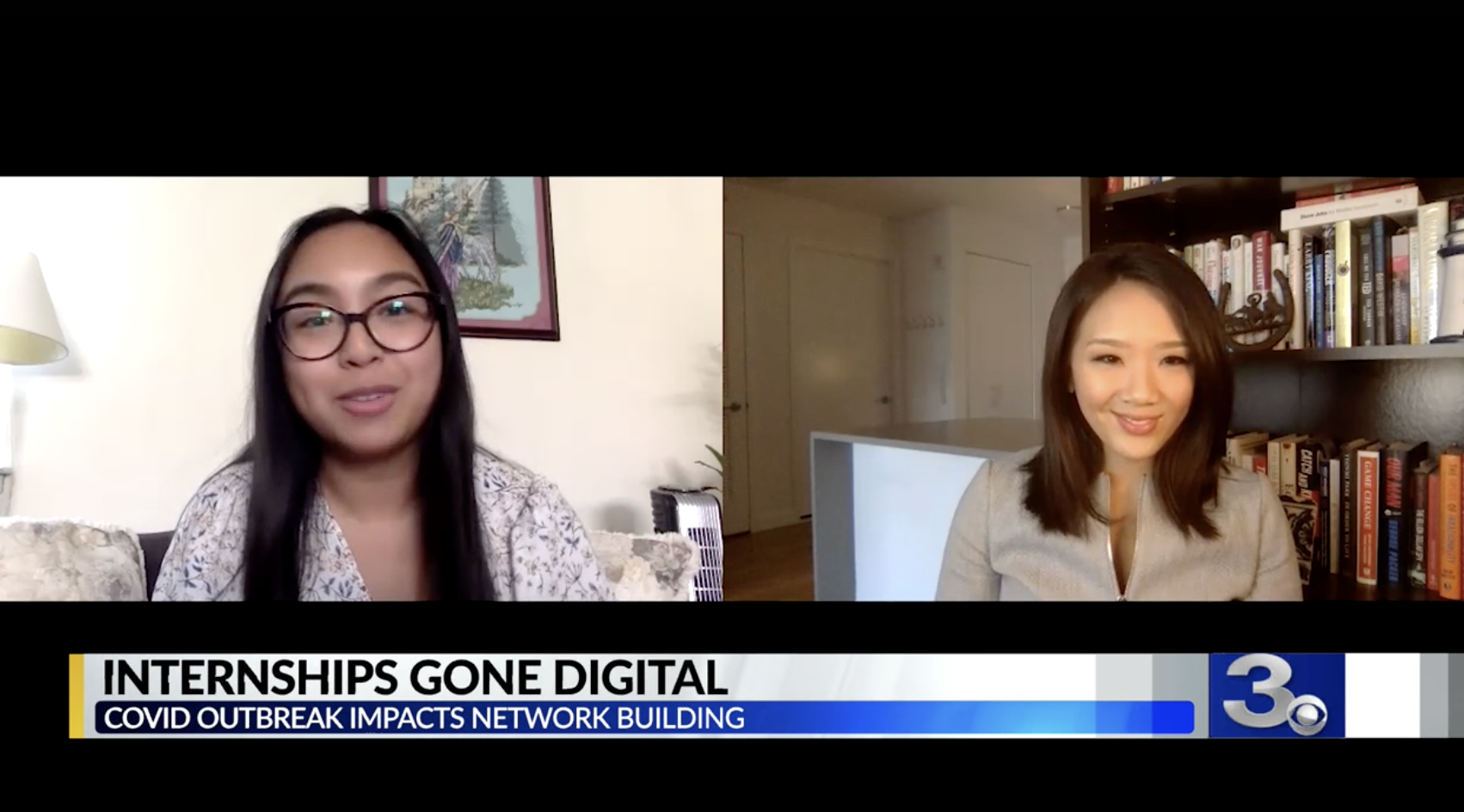 B2 intern Alexis Novales is interviewed by CBS Newspath's Nancy Chen about her virtual internship