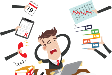 Illustration of man in business suit at a desk. He looks stressed because hands are coming at him from every direction with new tasks.