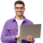 Young white man with glasses and purple shirt holding a laptop